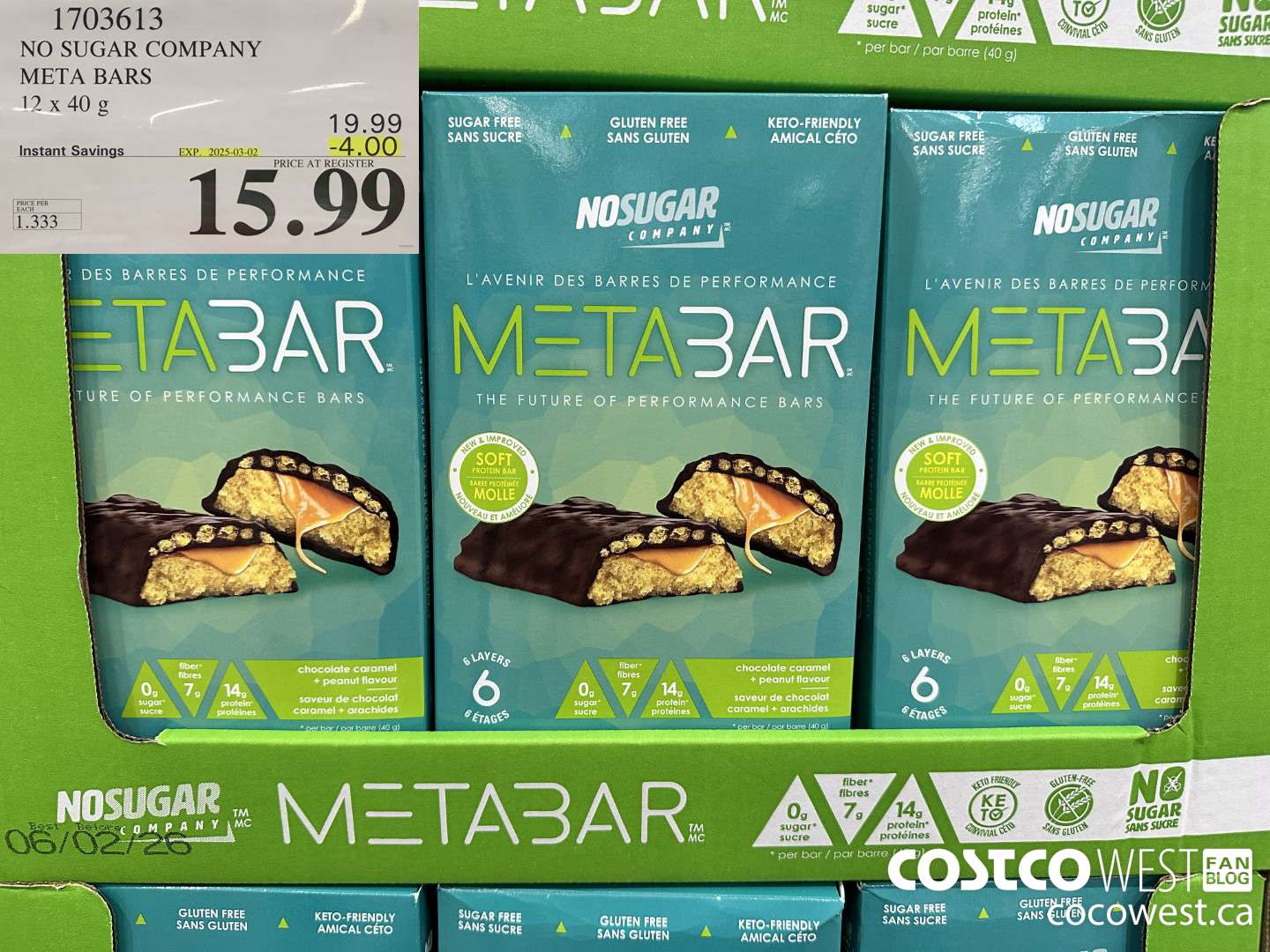 1703613 NO SUGAR COMPANY META BARS 12 x 40g ($4.00 INSTANT SAVINGS EXPIRES ON 2025-03-02) $15.99