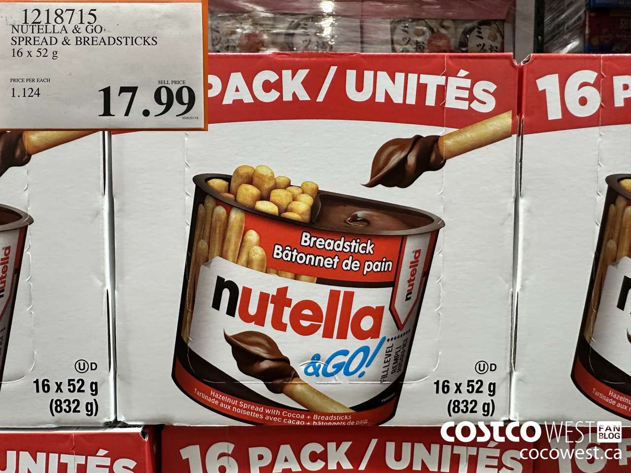 1218715 NUTELLA AND GO SPREAD & BREADSTICKS 16 X 52 G $17.99