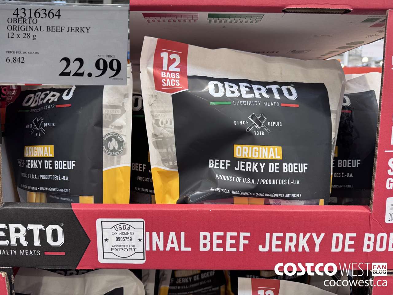 4316364 OBERTO ORIGINAL BEEF JERKY 12 X 28 G $22.99