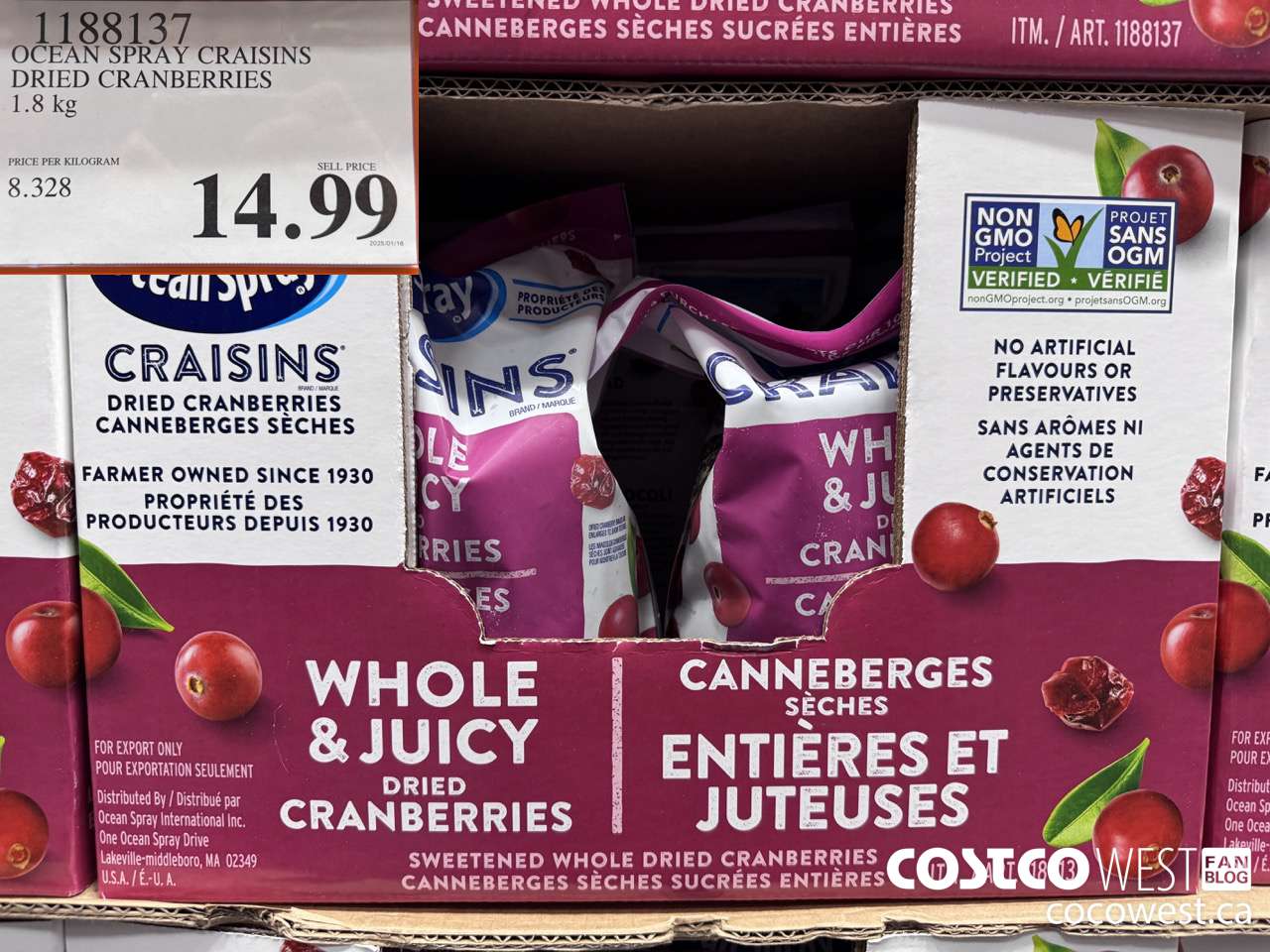 1188137 OCEAN SPRAY CRAISINS DRIED CRANBERRIES 1.8 KG $14.99
