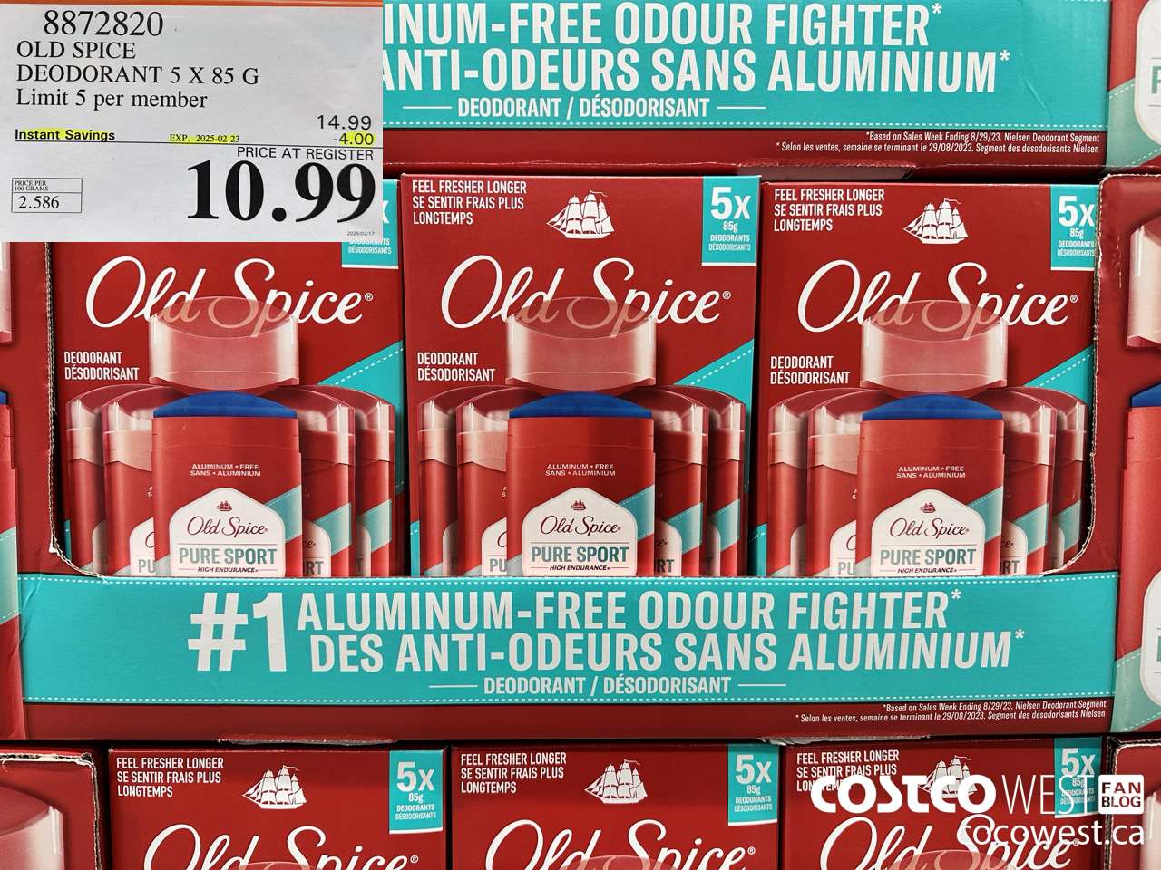 8872820 OLD SPICE DEODORANT 5 x 85 g ($4.00 INSTANT SAVINGS EXPIRES ON 2025-02-23) $10.99