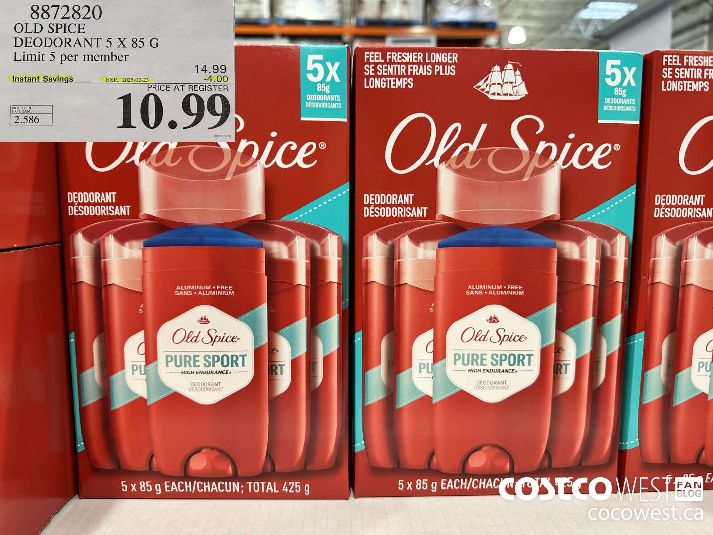 8872820 OLD SPICE DEODORANT 5 x 85 g ($4.00 INSTANT SAVINGS EXPIRES ON 2025-02-23) $10.99