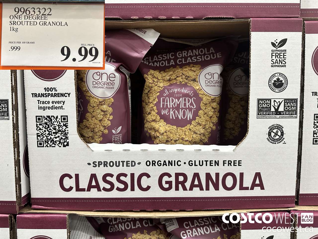 9963322 ONE DEGREE ORGANIC SPROUTED GRANOLA 1KG $9.99