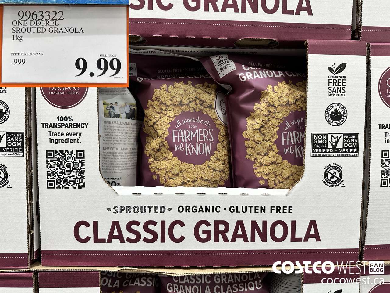 9963322 ONE DEGREE ORGANIC SPROUTED GRANOLA 1KG $9.99