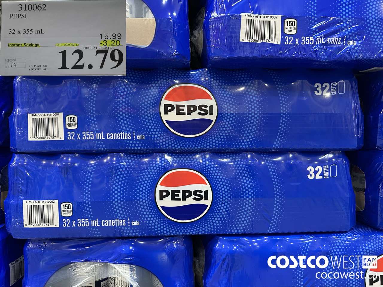 310062 PEPSI 32 X 355 ML ($3.20 INSTANT SAVINGS EXPIRES ON 2025-02-12) $12.79