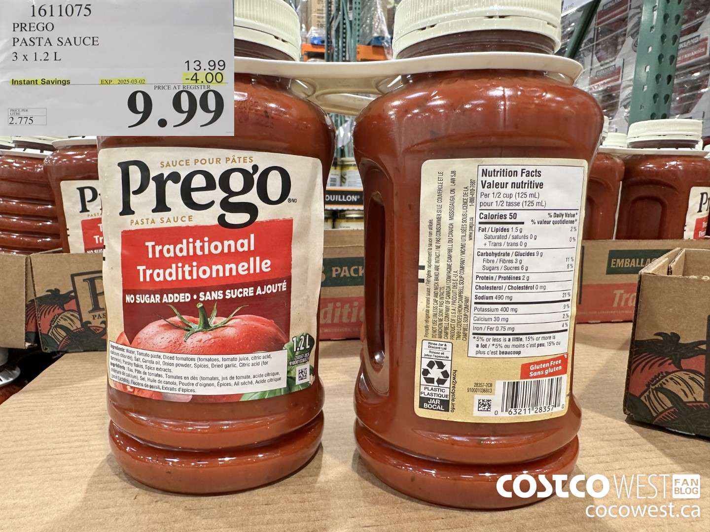 1611075 PREGO ORIGINAL PASTA SAUCE 3 X 1.2 L ($4.00 INSTANT SAVINGS EXPIRES ON 2025-03-02) $9.99