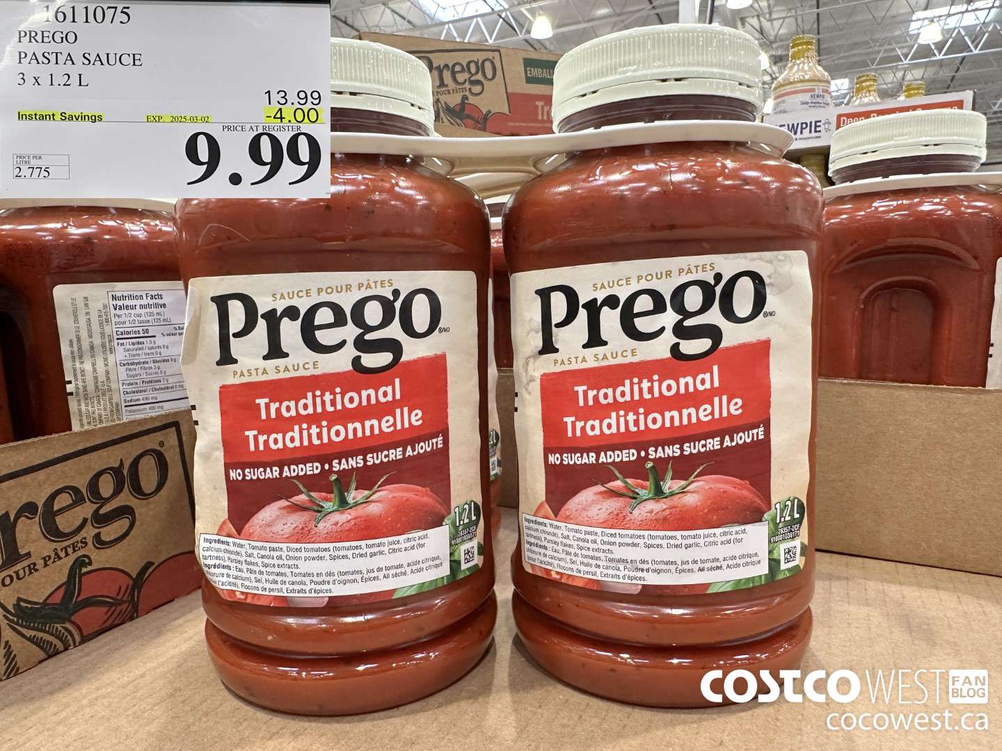 1611075 PREGO ORIGINAL PASTA SAUCE 3 X 1.2 L ($4.00 INSTANT SAVINGS EXPIRES ON 2025-03-02) $9.99