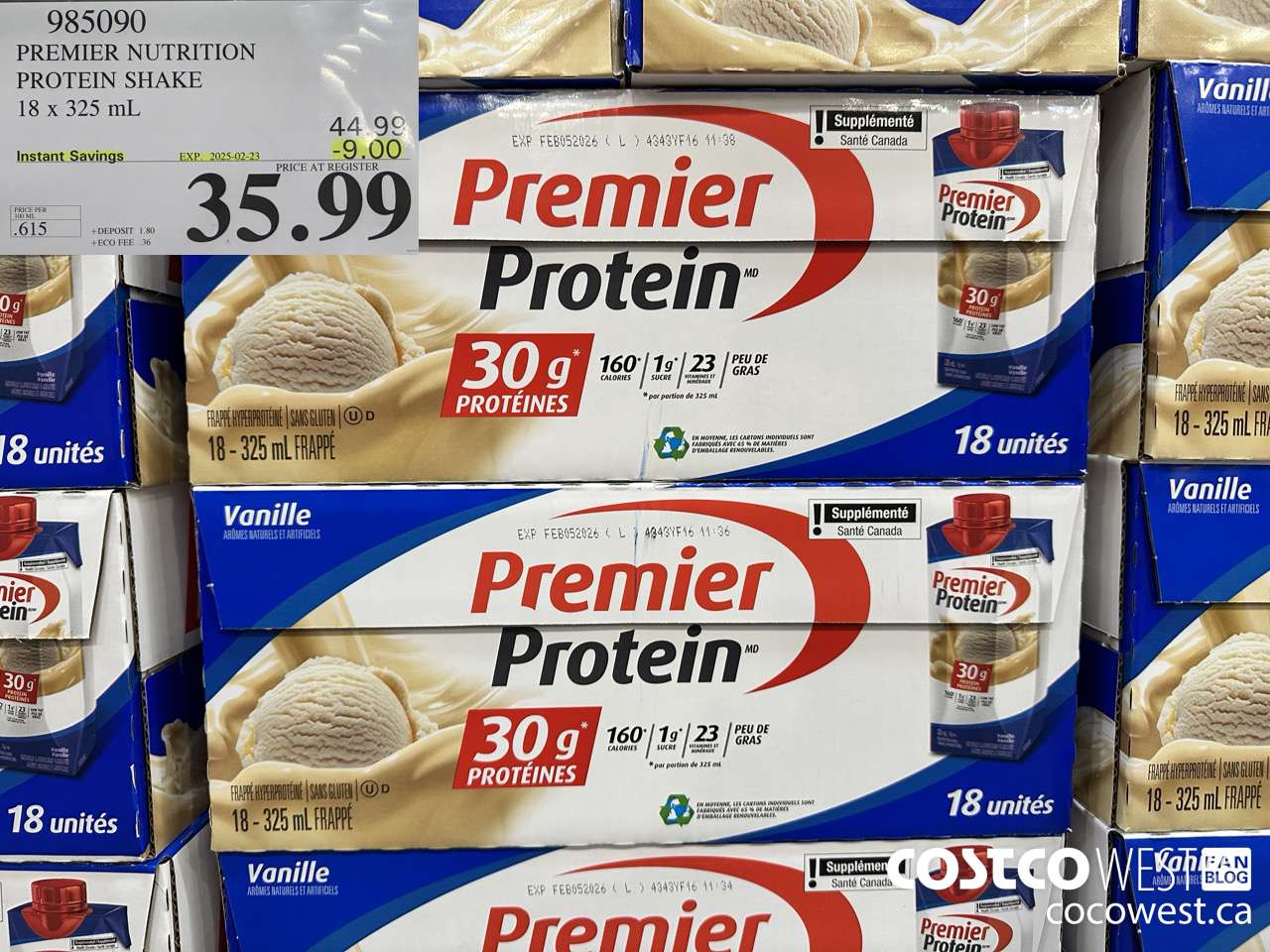 985090 PREMIER NUTRITION PROTEIN SHAKE 18 x 325 mL ($9.00 INSTANT SAVINGS EXPIRES ON 2025-02-23) $35.99
