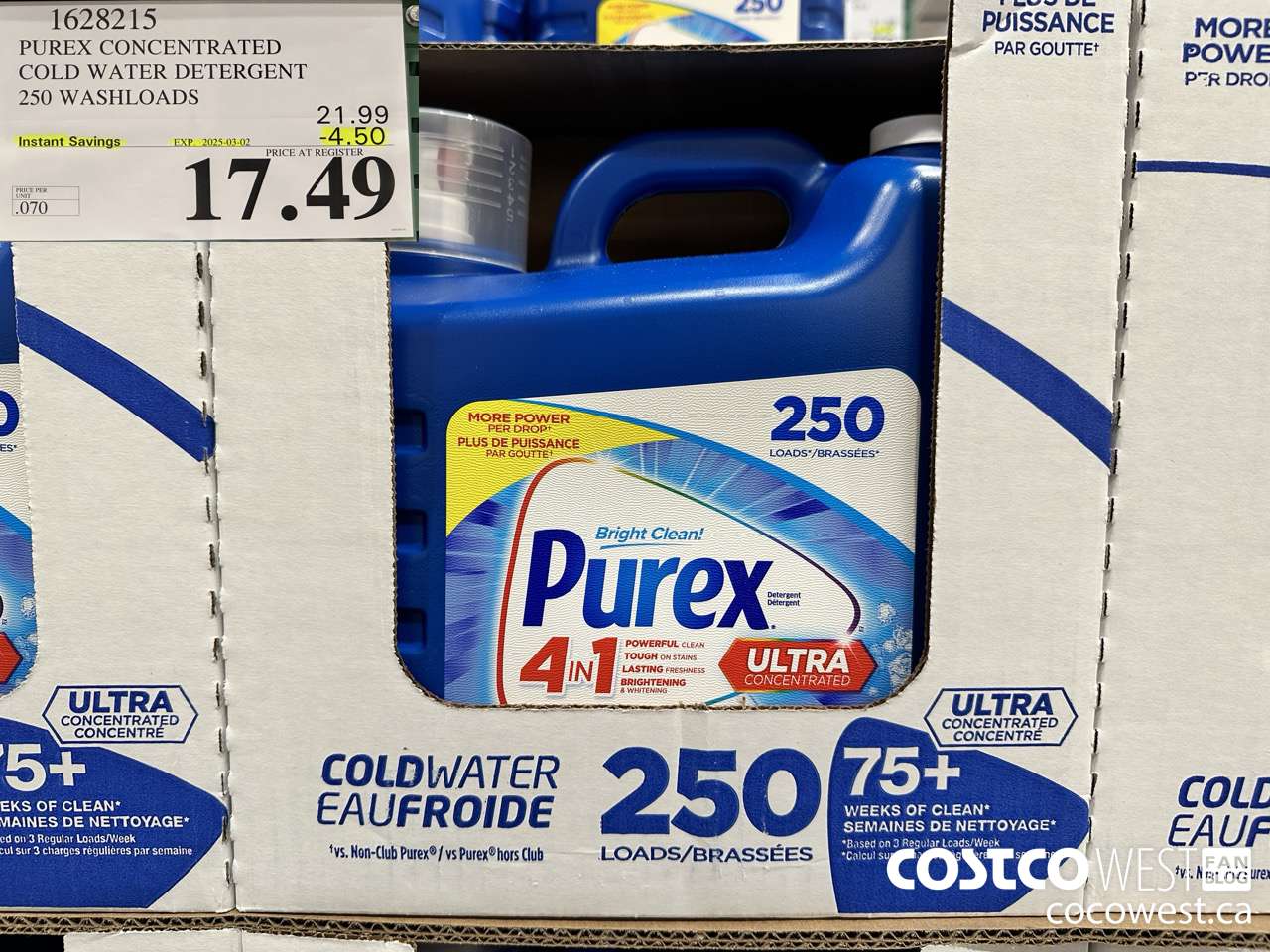1628215 PUREX CONCENTRATED COLD WATER DETERGENT 250 WASHLOADS ($4.50 INSTANT SAVINGS EXPIRES ON 2025-03-02) $17.49