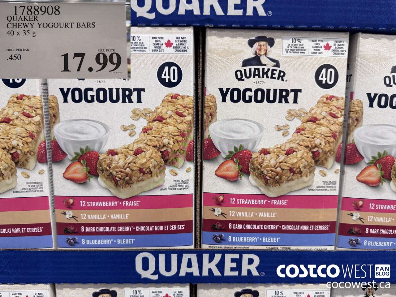 1788908 QUAKER CHEWY YOGOURT BARS 40 X 35 G $17.99