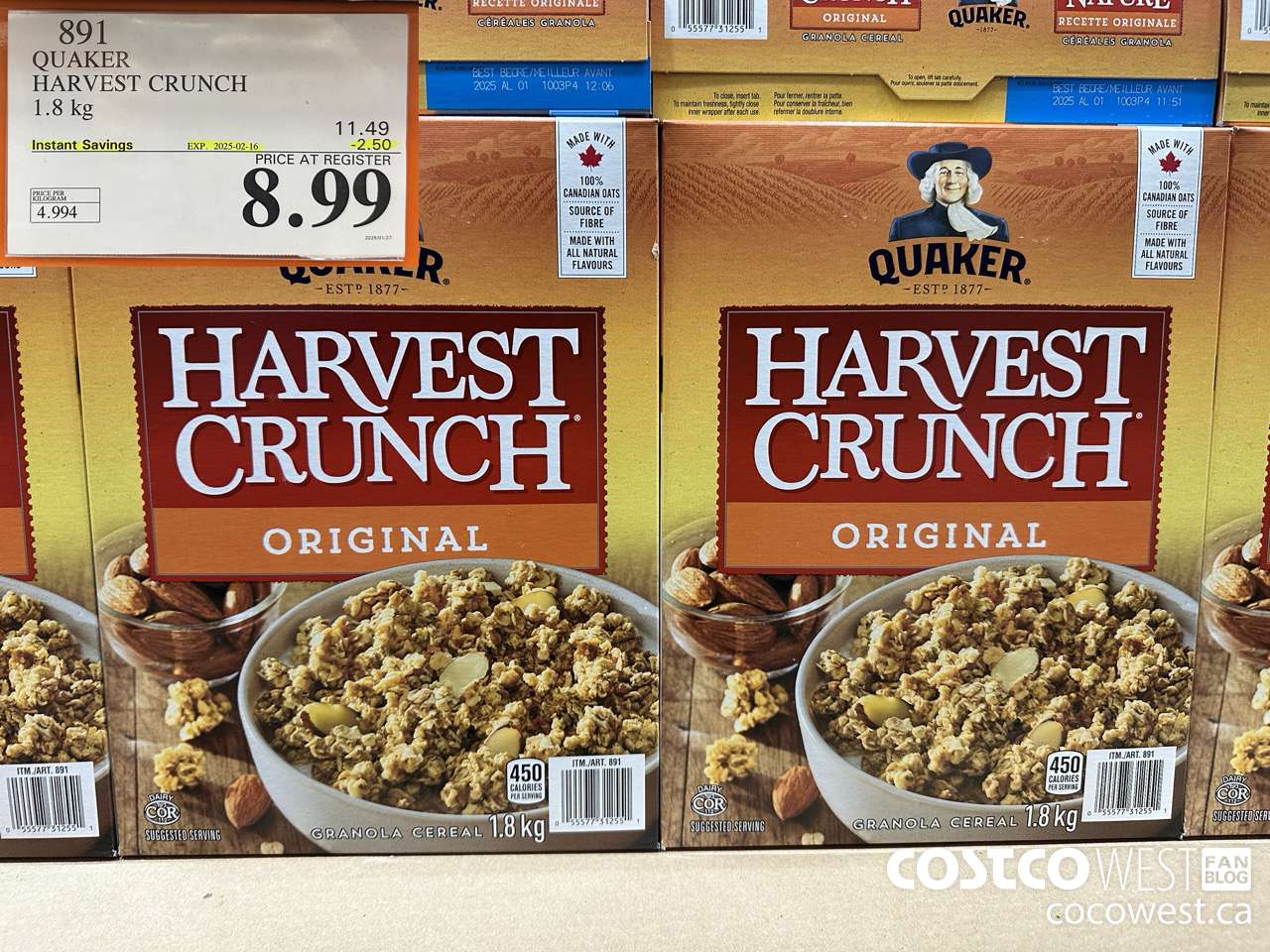 891 QUAKER HARVEST CRUNCH 1.8 KG ($2.50 INSTANT SAVINGS EXPIRES ON 2025-02-16) $8.99