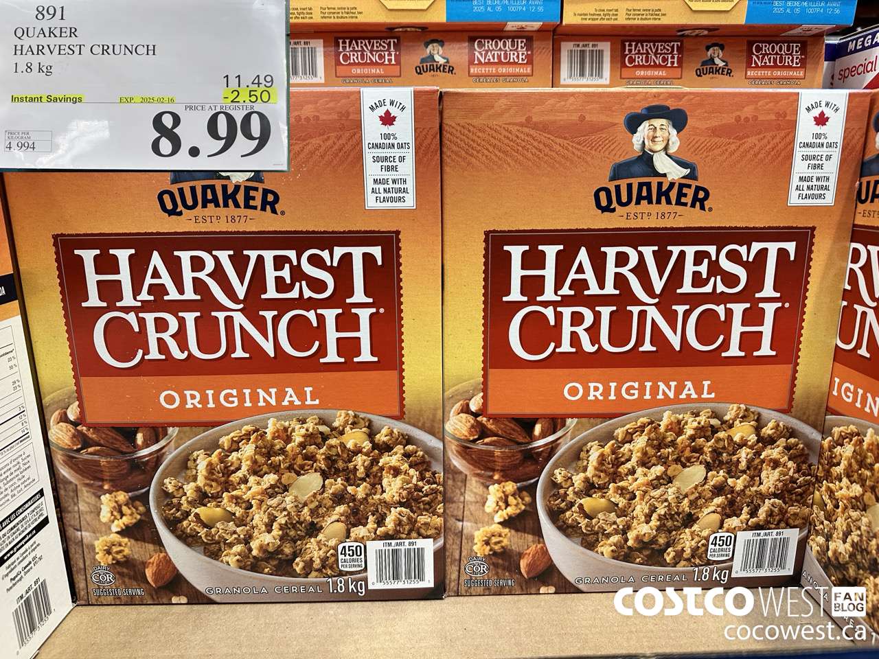 891 QUAKER HARVEST CRUNCH 1.8 KG ($2.50 INSTANT SAVINGS EXPIRES ON 2025-02-16) $8.99