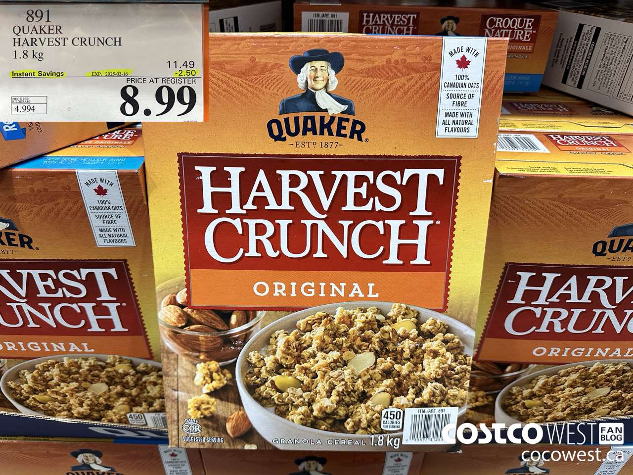 891 QUAKER HARVEST CRUNCH 1.8 KG ($2.50 INSTANT SAVINGS EXPIRES ON 2025-02-16) $8.99