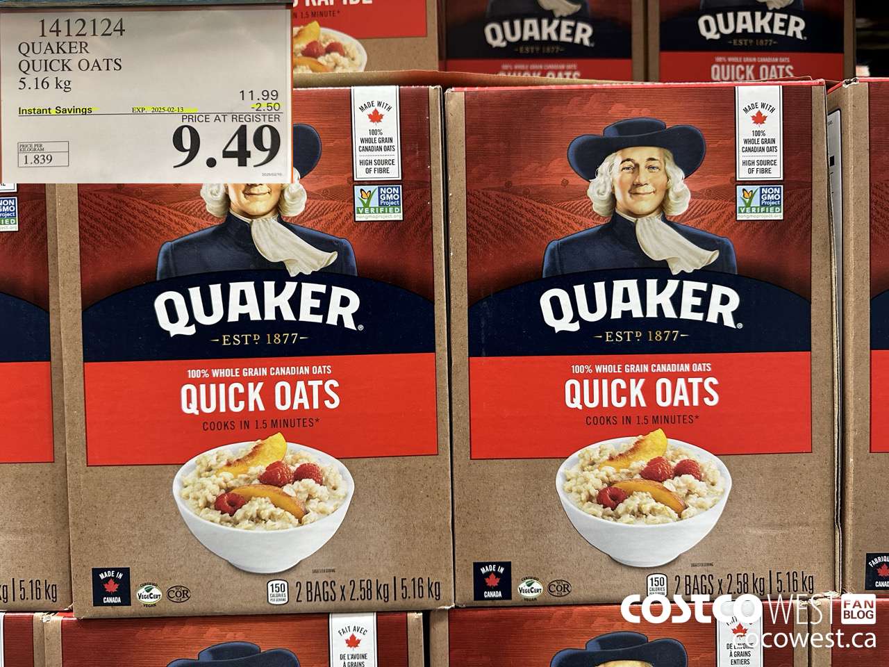 1412124 QUAKER QUICK OATS 5.16 kg ($2.50 INSTANT SAVINGS EXPIRES ON 2025-02-13) $9.49
