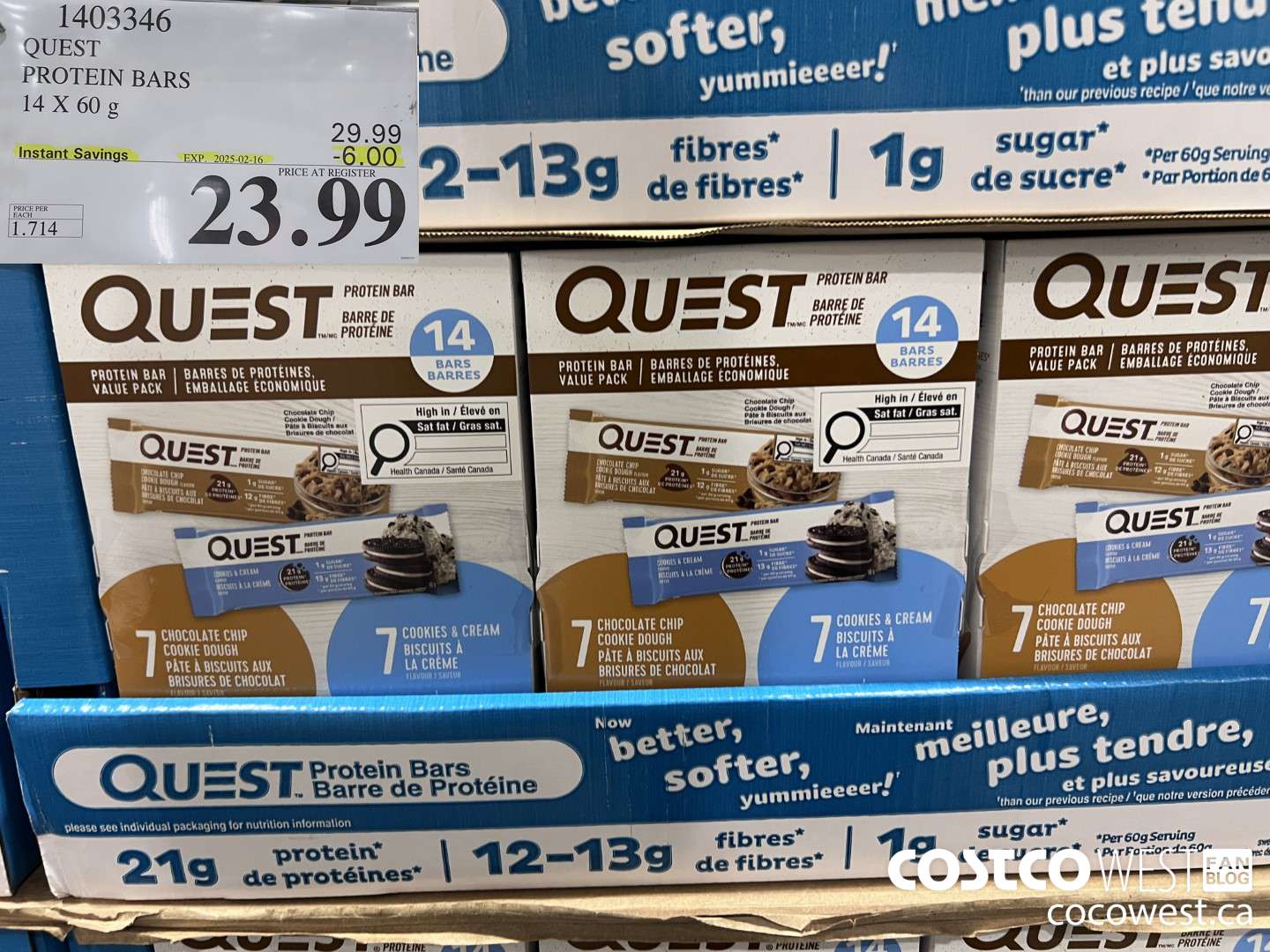 1403346 QUEST PROTEIN BARS 14 X 60g ($6.00 INSTANT SAVINGS EXPIRES ON 2025-02-16) $23.99