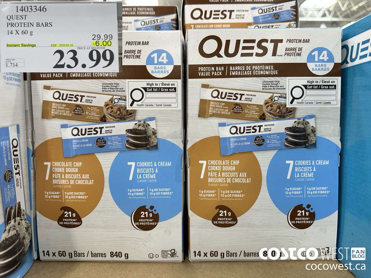 1403346 QUEST PROTEIN BARS 14 X 60g ($6.00 INSTANT SAVINGS EXPIRES ON 2025-02-16) $23.99