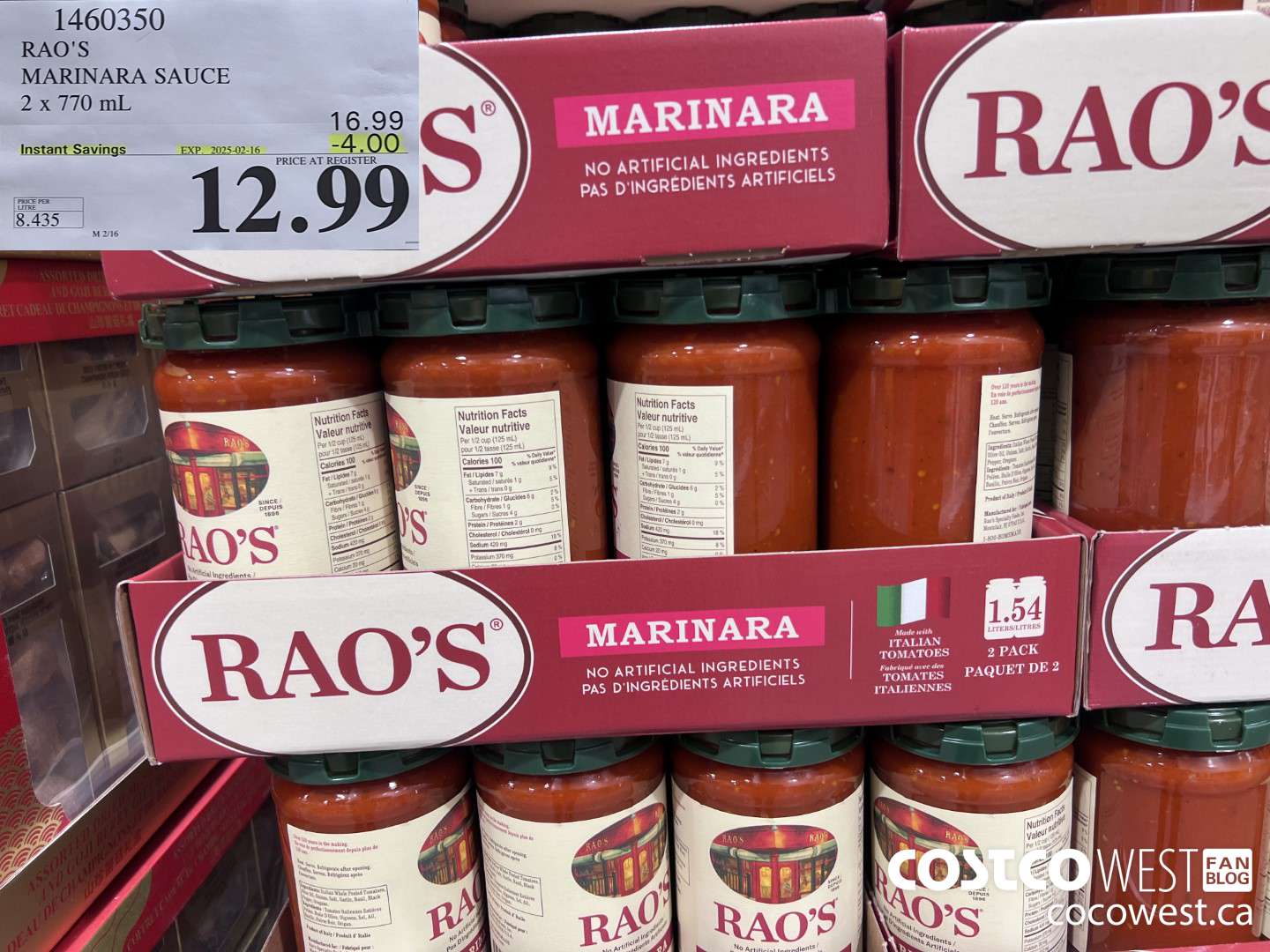 1460350 RAO'S MARINARA SAUCE 2 x 770mL ($4.00 INSTANT SAVINGS EXPIRES ON 2025-02-16) $12.99