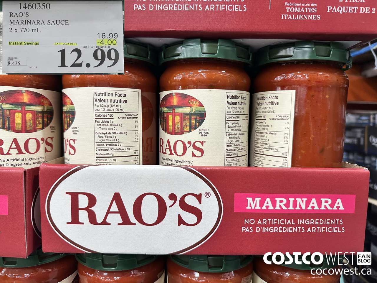 1460350 RAO'S MARINARA SAUCE 2 x 770mL ($4.00 INSTANT SAVINGS EXPIRES ON 2025-02-16) $12.99
