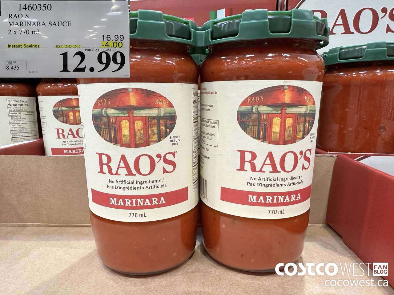 1460350 RAO'S MARINARA SAUCE 2 x 770mL ($4.00 INSTANT SAVINGS EXPIRES ON 2025-02-16) $12.99