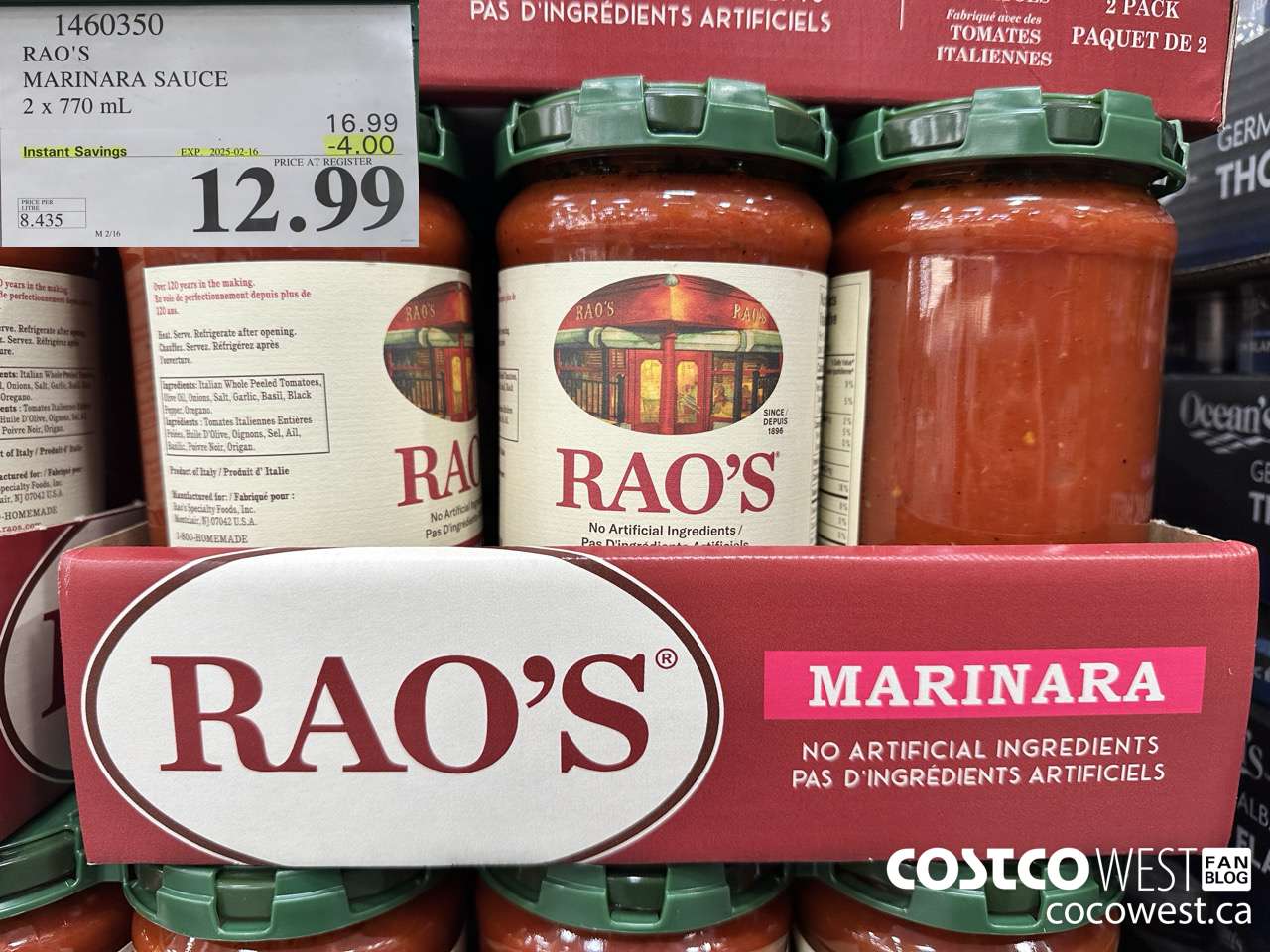 1460350 RAO'S MARINARA SAUCE 2 x 770mL ($4.00 INSTANT SAVINGS EXPIRES ON 2025-02-16) $12.99