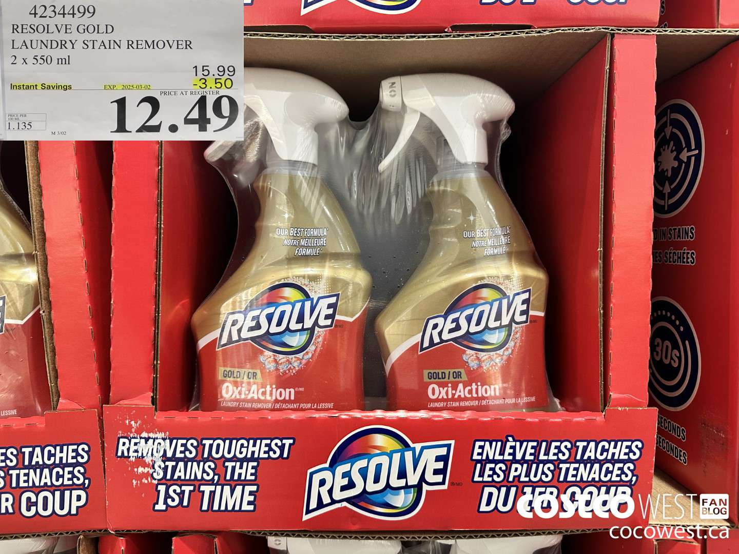 4234499 RESOLVE GOLD LAUNDRY STAIN REMOVER 2 X 550ML ($3.50 INSTANT SAVINGS EXPIRES ON 2025-03-02) $12.49
