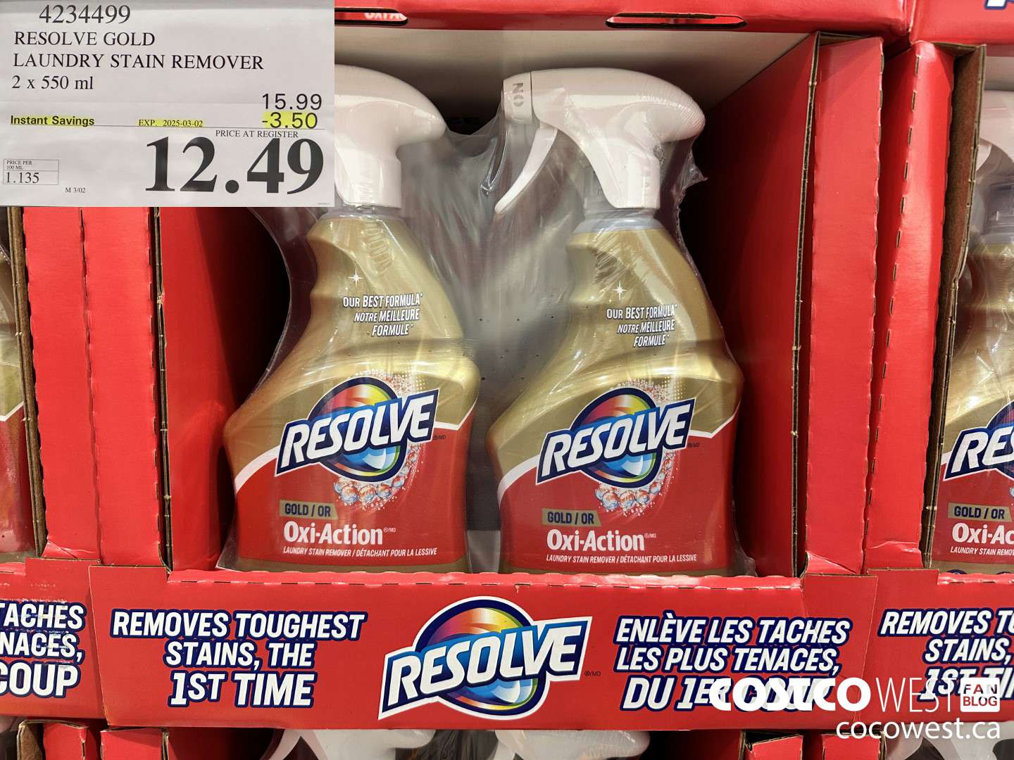 4234499 RESOLVE GOLD LAUNDRY STAIN REMOVER 2 X 550ML ($3.50 INSTANT SAVINGS EXPIRES ON 2025-03-02) $12.49