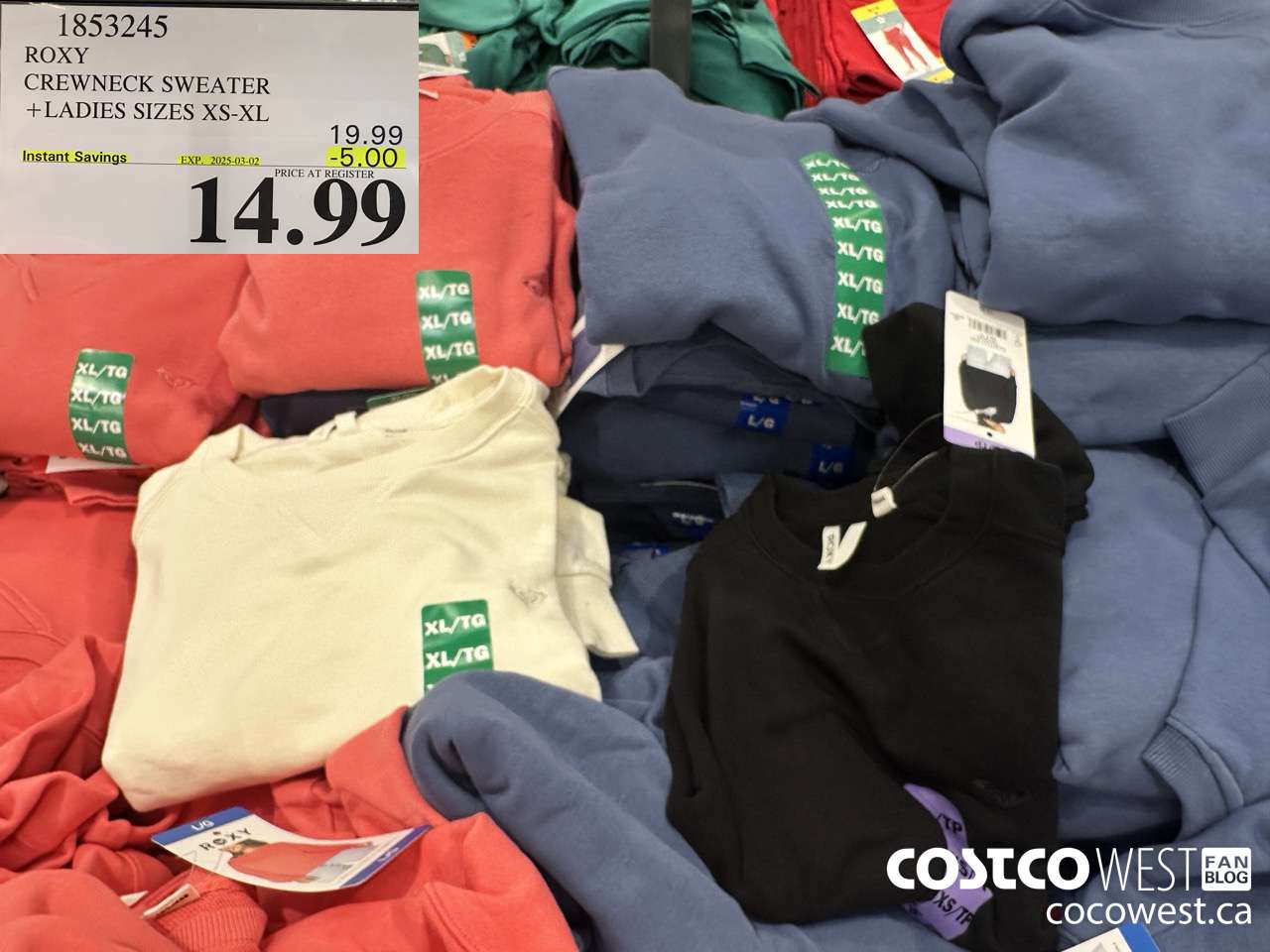 1853245 ROXY CREWNECK SWEATER LADIES SIZES XS-XL ($5.00 INSTANT SAVINGS EXPIRES ON 2025-03-02) $14.99