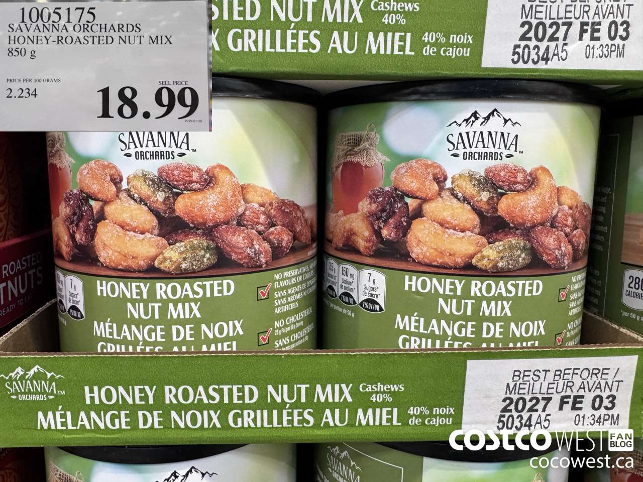 1005175 SAVANNA ORCHARDS HONEY-ROASTED NUT MIX 850 G $18.99