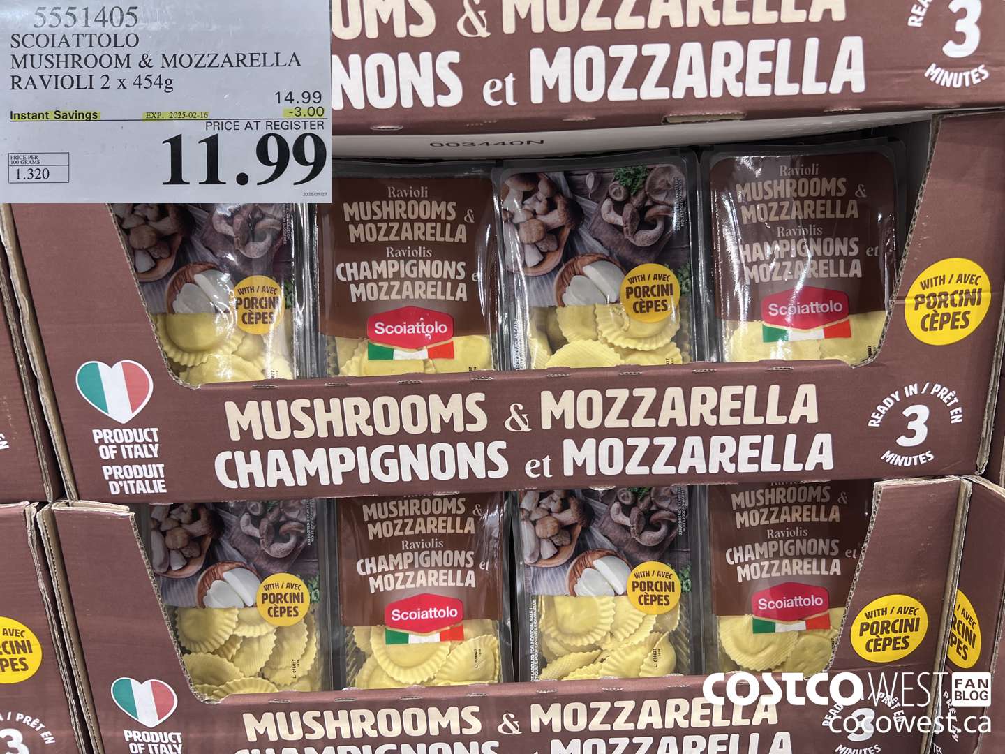 5551405 SCOIATTOLO MUSHROOM & MOZZARELLA RAVIOLI 2 X 454G ($3.00 INSTANT SAVINGS EXPIRES ON 2025-02-16) $11.99