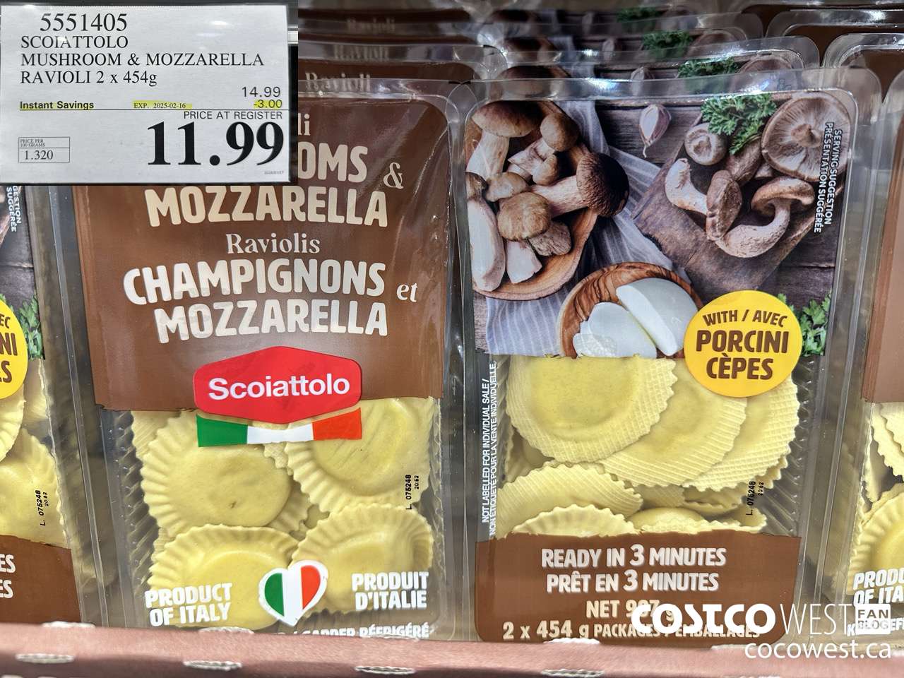 5551405 SCOIATTOLO MUSHROOM & MOZZARELLA RAVIOLI 2 X 454G ($3.00 INSTANT SAVINGS EXPIRES ON 2025-02-16) $11.99