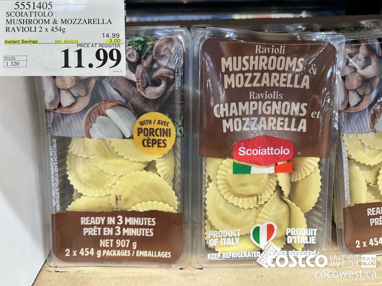 5551405 SCOIATTOLO MUSHROOM & MOZZARELLA RAVIOLI 2 X 454G ($3.00 INSTANT SAVINGS EXPIRES ON 2025-02-23) $11.99