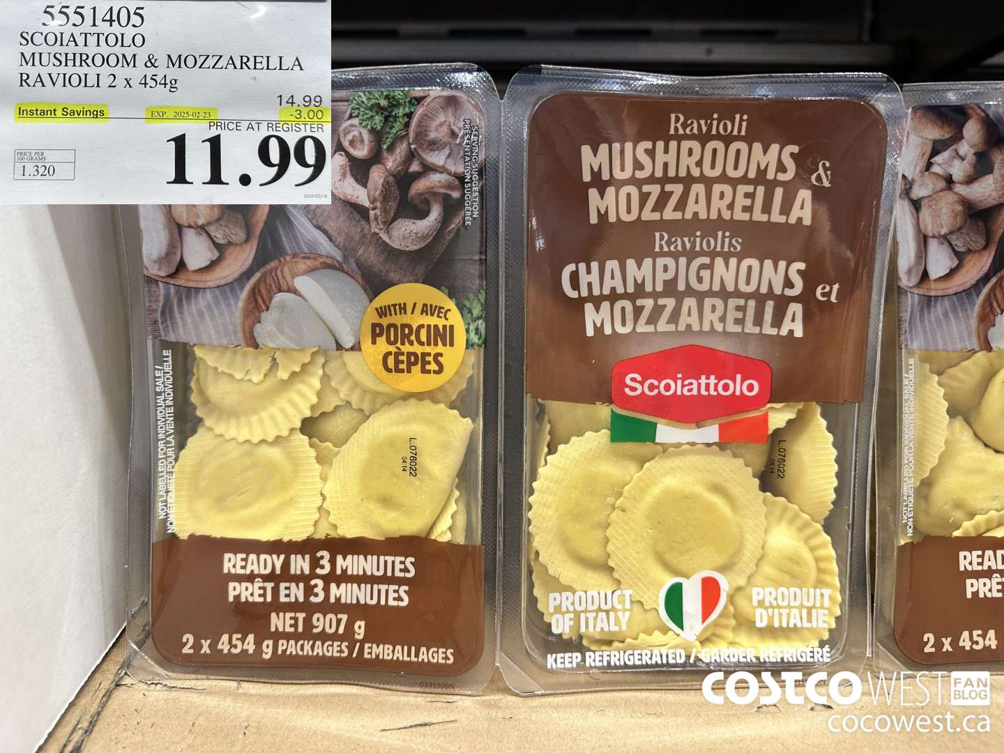 5551405 SCOIATTOLO MUSHROOM & MOZZARELLA RAVIOLI 2 X 454G ($3.00 INSTANT SAVINGS EXPIRES ON 2025-02-23) $11.99
