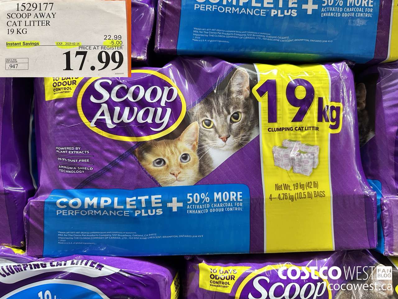 1529177 SCOOP AWAY CAT LITTER 19 KG ($5.00 INSTANT SAVINGS EXPIRES ON 2025-02-16) $17.99