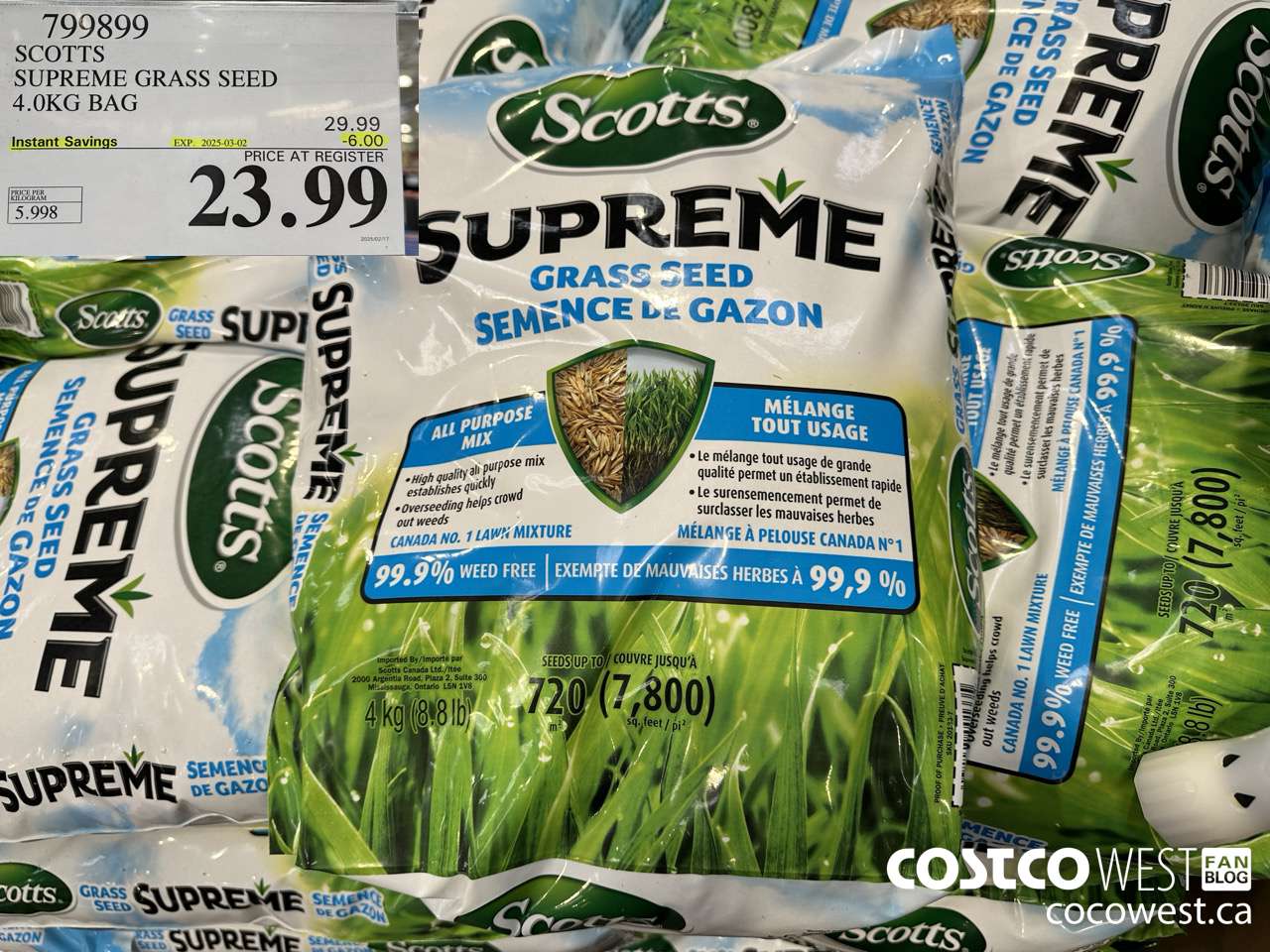 799899 SCOTTS SUPREME GRASS SEED 4.0 KG BAG ($6.00 INSTANT SAVINGS EXPIRES ON 2025-03-02) $23.99
