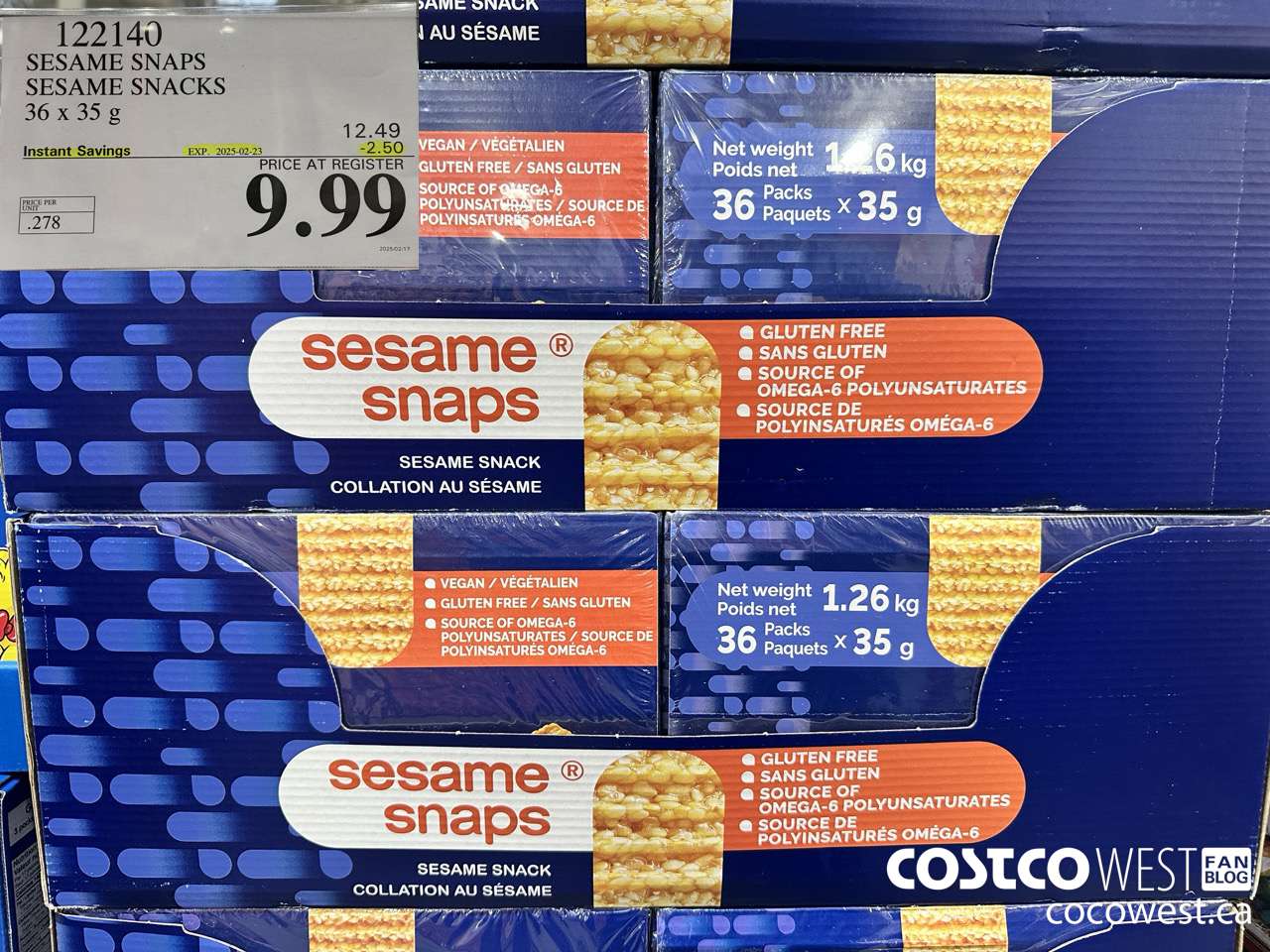 122140 SESAME SNAPS SESAME SNACKS 36 x 35 g ($2.50 INSTANT SAVINGS EXPIRES ON 2025-02-23) $9.99