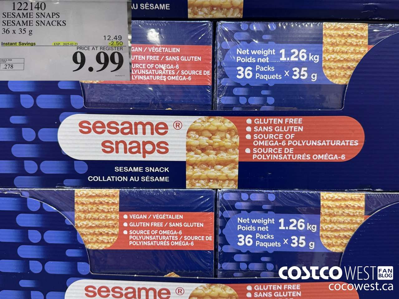 122140 SESAME SNAPS SESAME SNACKS 36 x 35 g ($2.50 INSTANT SAVINGS EXPIRES ON 2025-02-23) $9.99