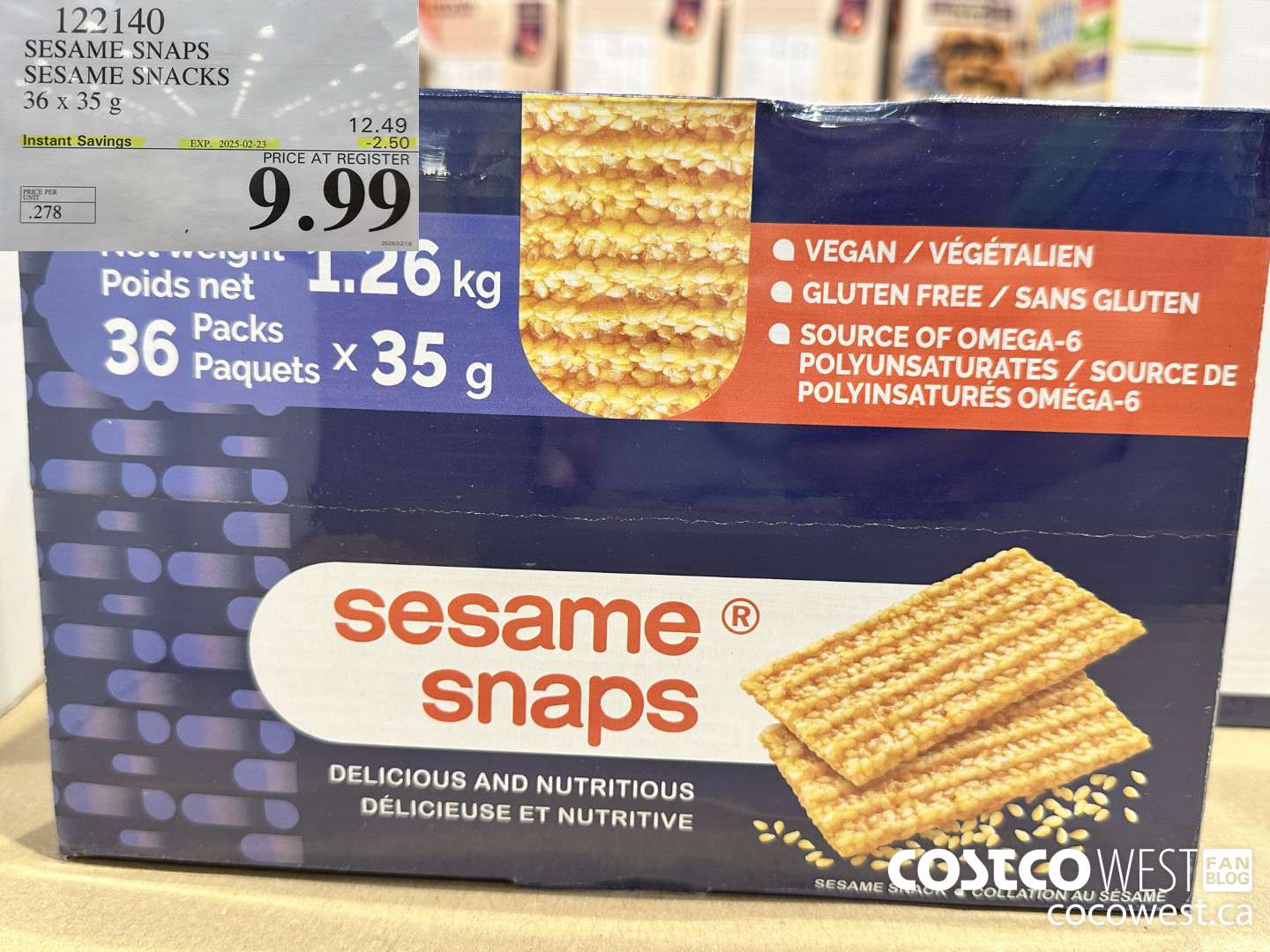 122140 SESAME SNAPS SESAME SNACKS 36 x 35 g ($2.50 INSTANT SAVINGS EXPIRES ON 2025-02-23) $9.99
