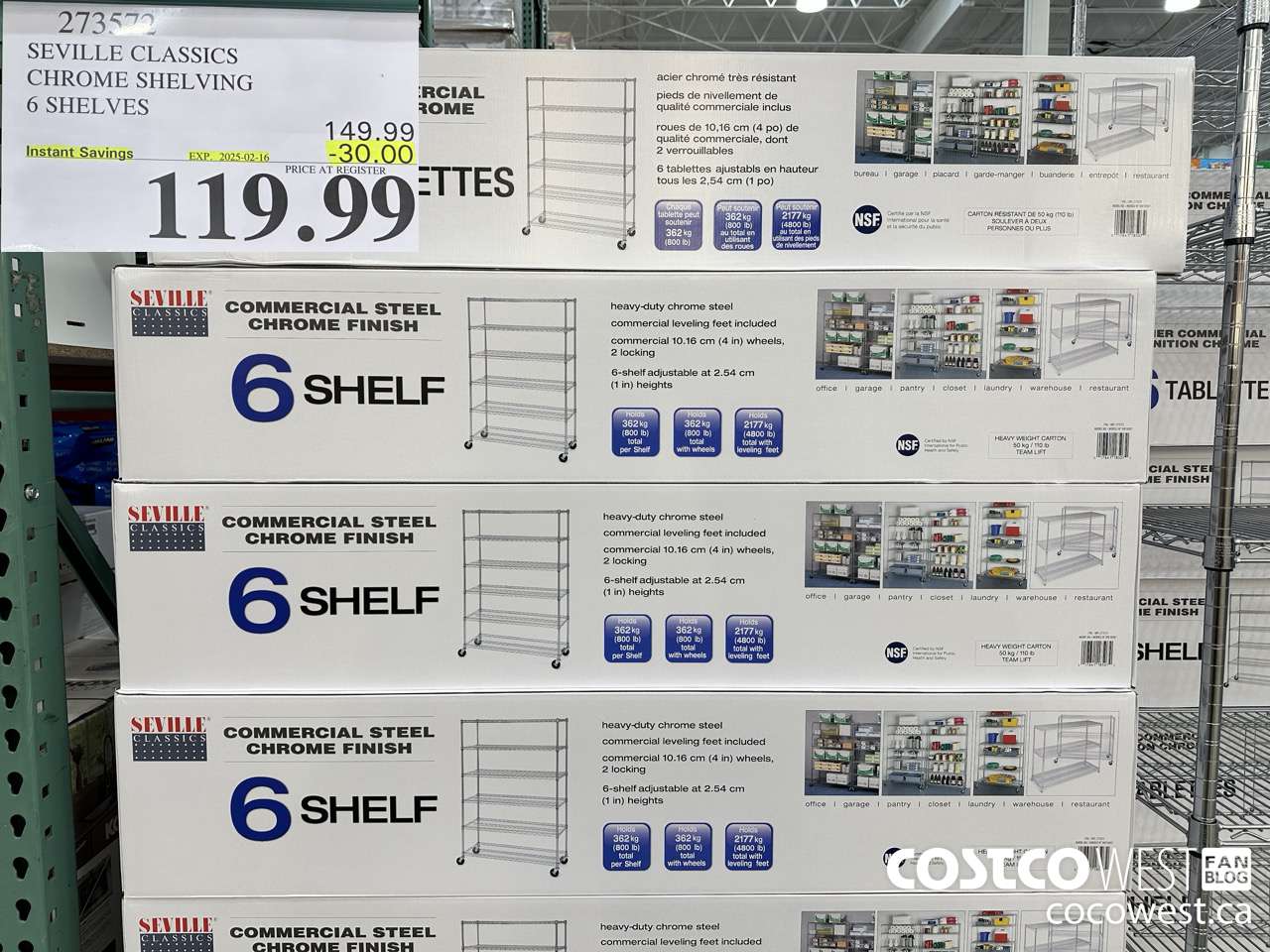 273572 SEVILLE CLASSICS CHROME SHELVING 6 SHELVES ($30.00 INSTANT SAVINGS EXPIRES ON 2025-02-16) $119.99