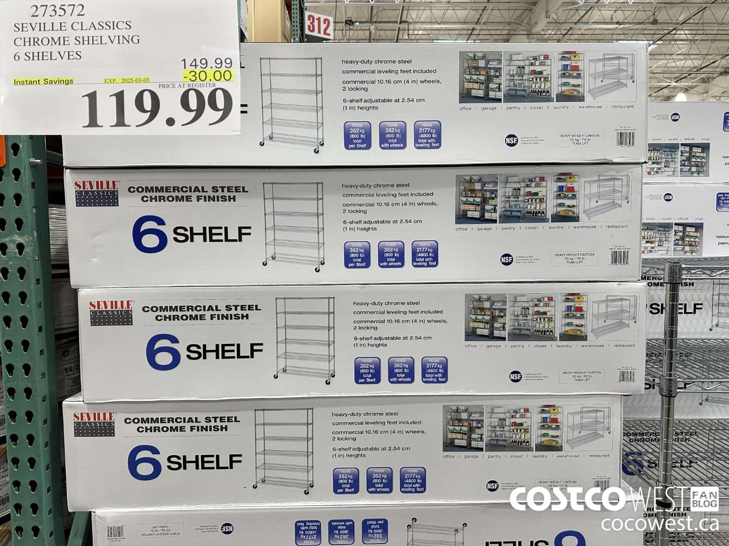 273572 SEVILLE CLASSICS CHROME SHELVING 6 SHELVES ($30.00 INSTANT SAVINGS EXPIRES ON 2025-03-03) $119.99