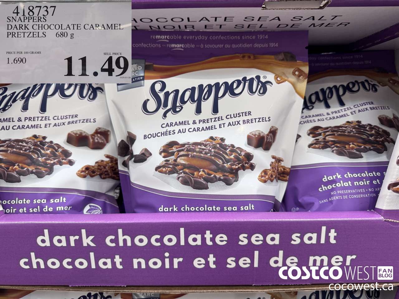 418737 SNAPPERS DARK CHOCOLATE CARAMEL PRETZELS 680 g $11.49