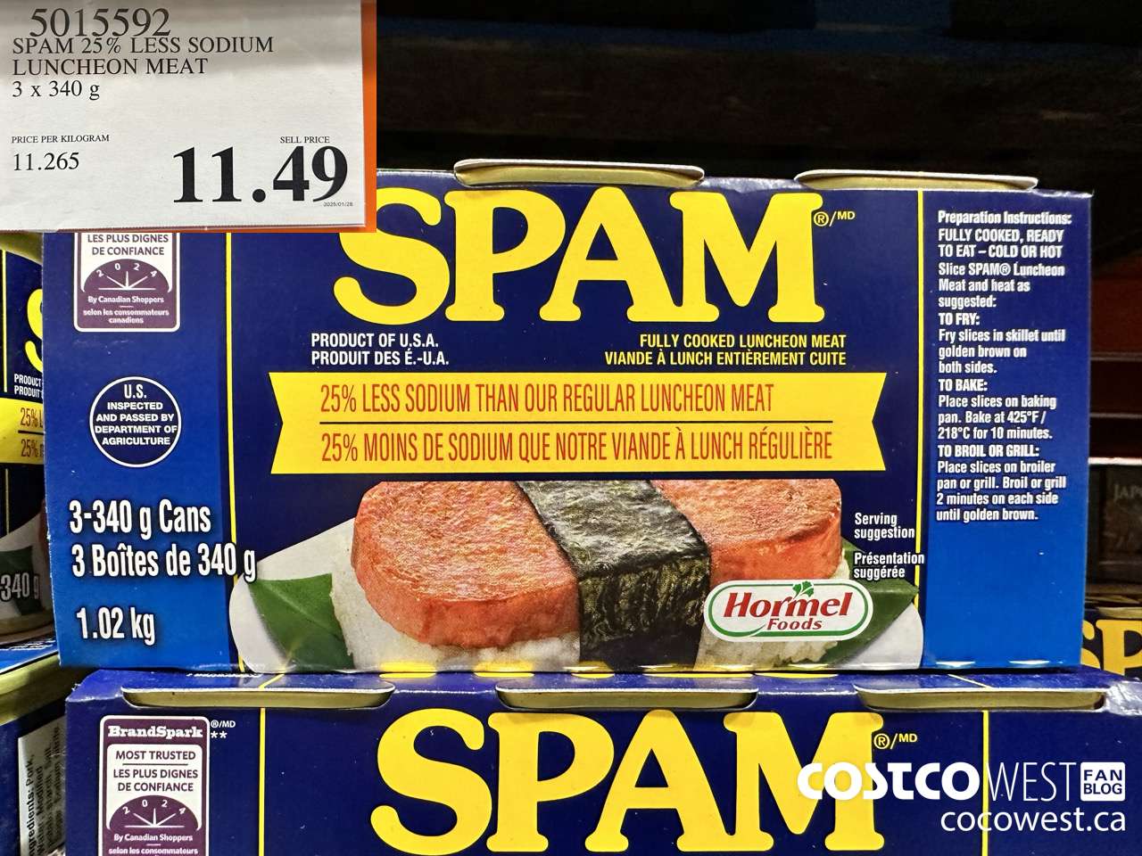 5015592 SPAM LESS SODIUM LUNCHEON MEAT 3 X 340G $11.49
