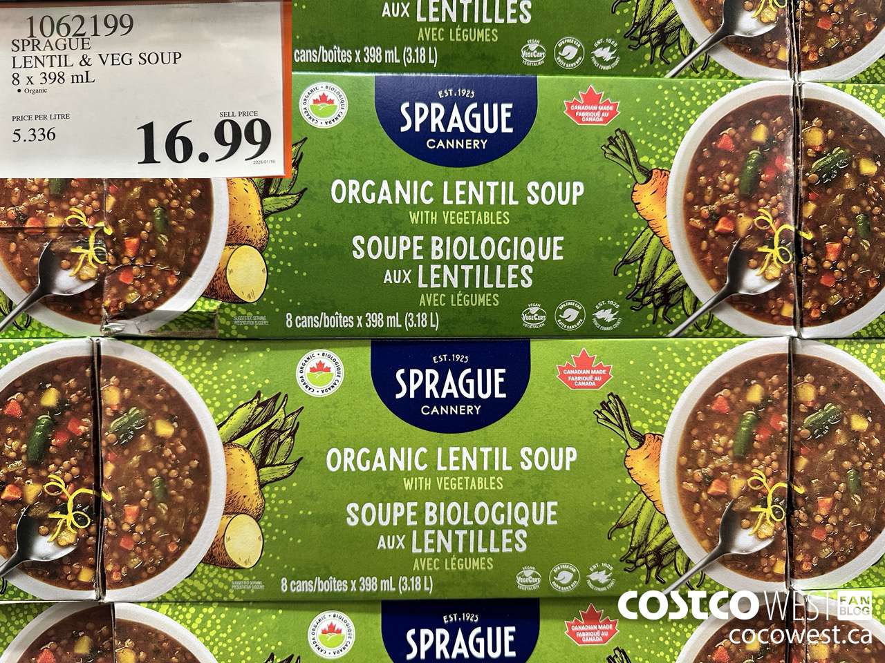 1062199 SPRAGUE ORGANIC LENTIL & VEG SOUP 8 X 398 ML $16.99