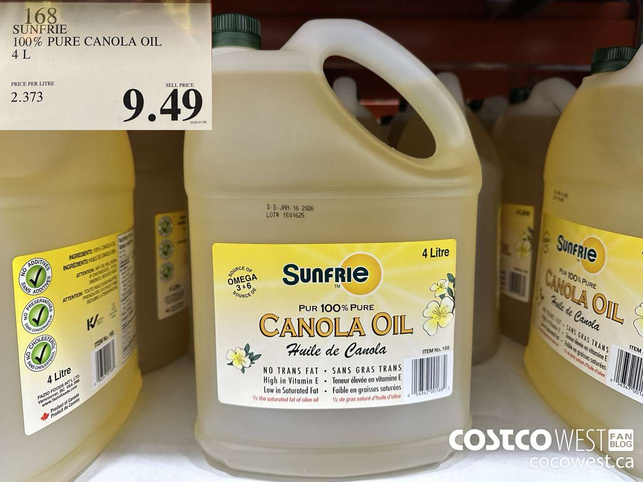 168 SUNFRIE 100% PURE CANOLA OIL 4L $9.49