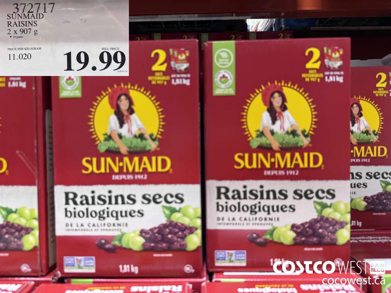 372717 SUNMAID ORGANIC RAISINS 2 X 907 G $19.99