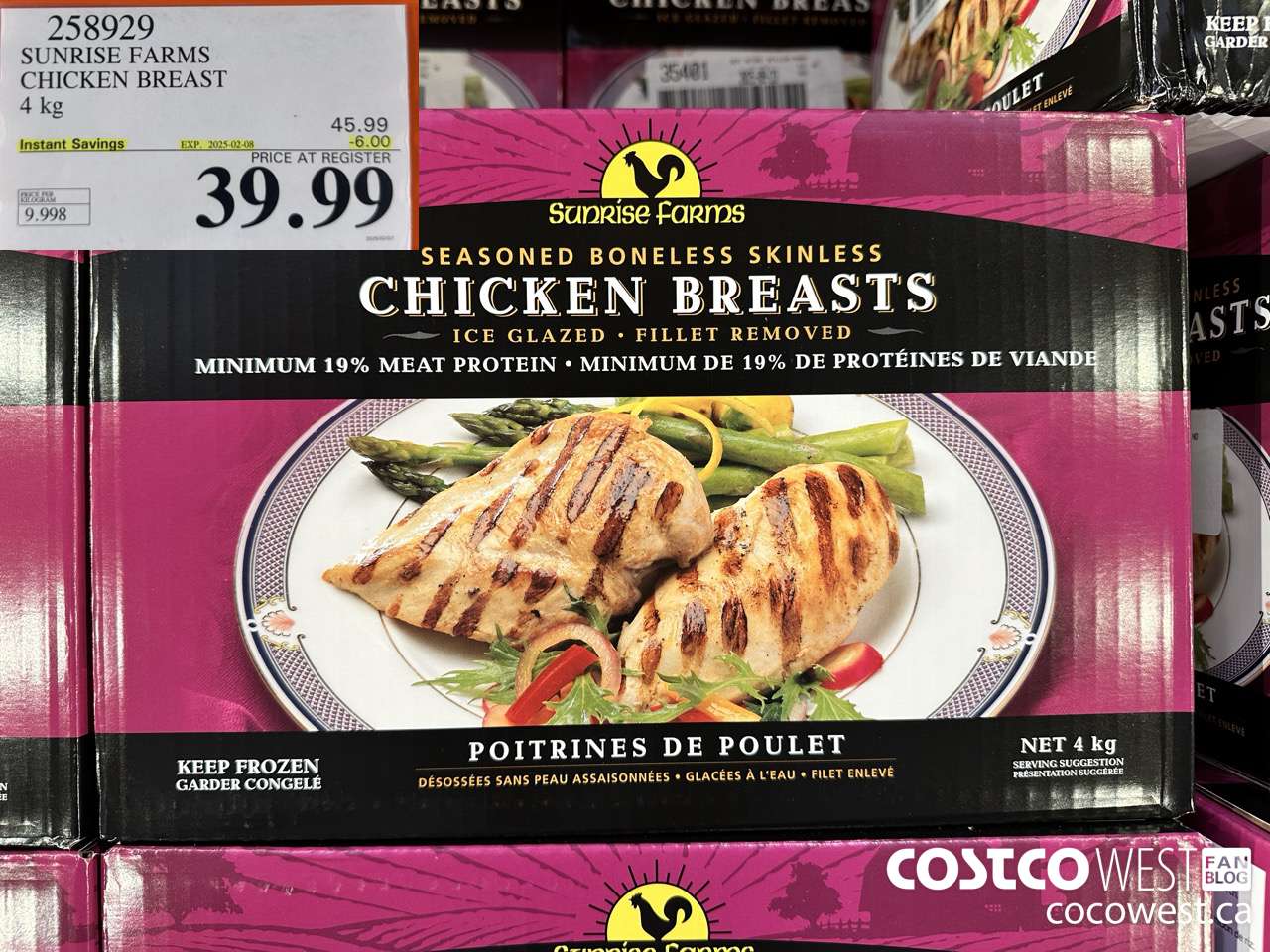 258929 SUNRISE FARMS CHICKEN BREAST 4 kg ($6.00 INSTANT SAVINGS EXPIRES ON 2025-02-08) $39.99