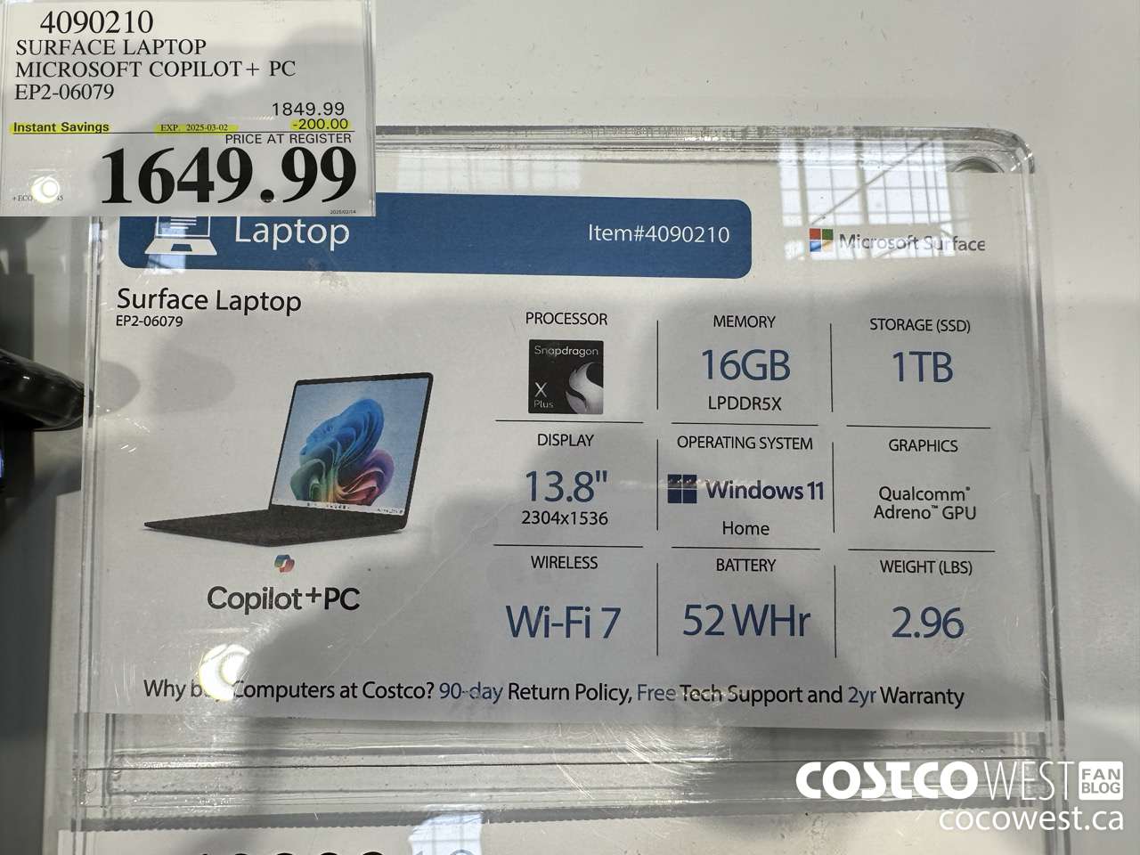 4090210 SURFACE LAPTOP MICROSOFT COPILOT + PC EP2-06079 ($200.00 INSTANT SAVINGS EXPIRES ON 2025-03-02) $1649.99