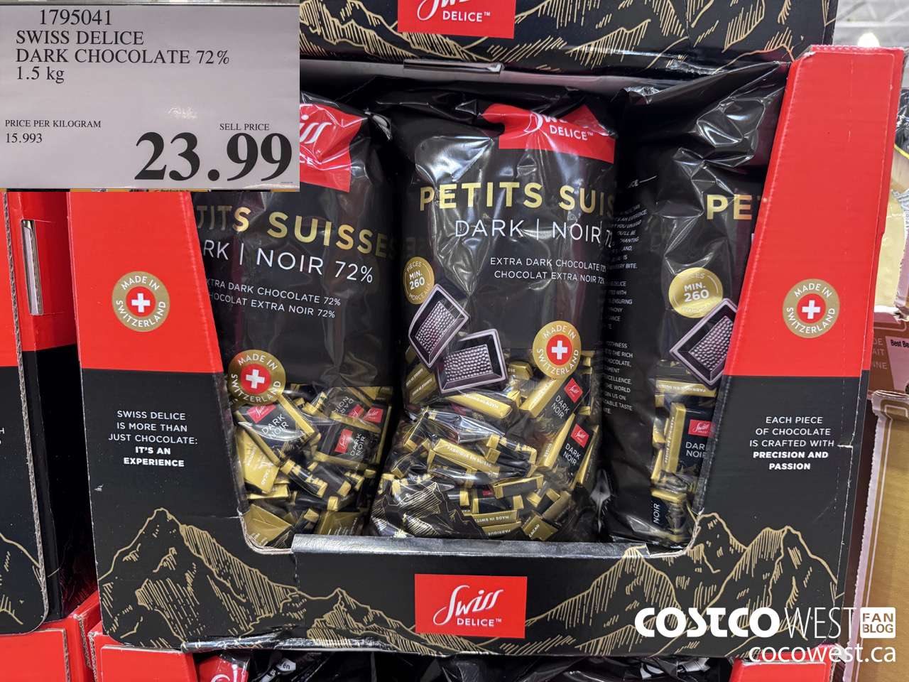 1795041 SWISS DELICE DARK CHOCOLATE 72% 1.5KG $23.99