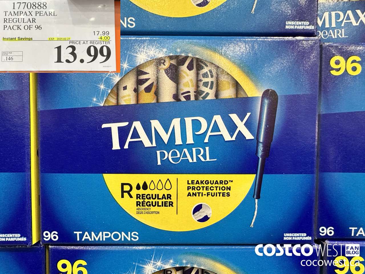 1770888 TAMPAX PEARL REGULAR PACK OF 96 ($4.00 INSTANT SAVINGS EXPIRES ON 2025-02-23) $13.99