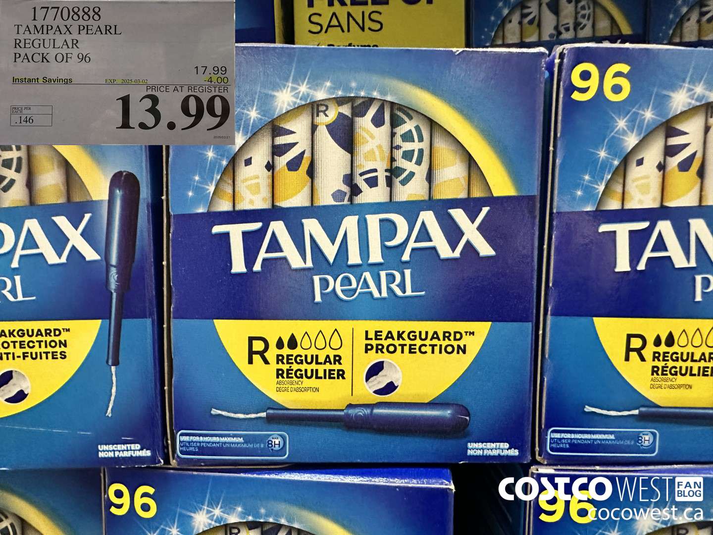 1770888 TAMPAX PEARL REGULAR PACK OF 96 ($4.00 INSTANT SAVINGS EXPIRES ON 2025-03-02) $13.99