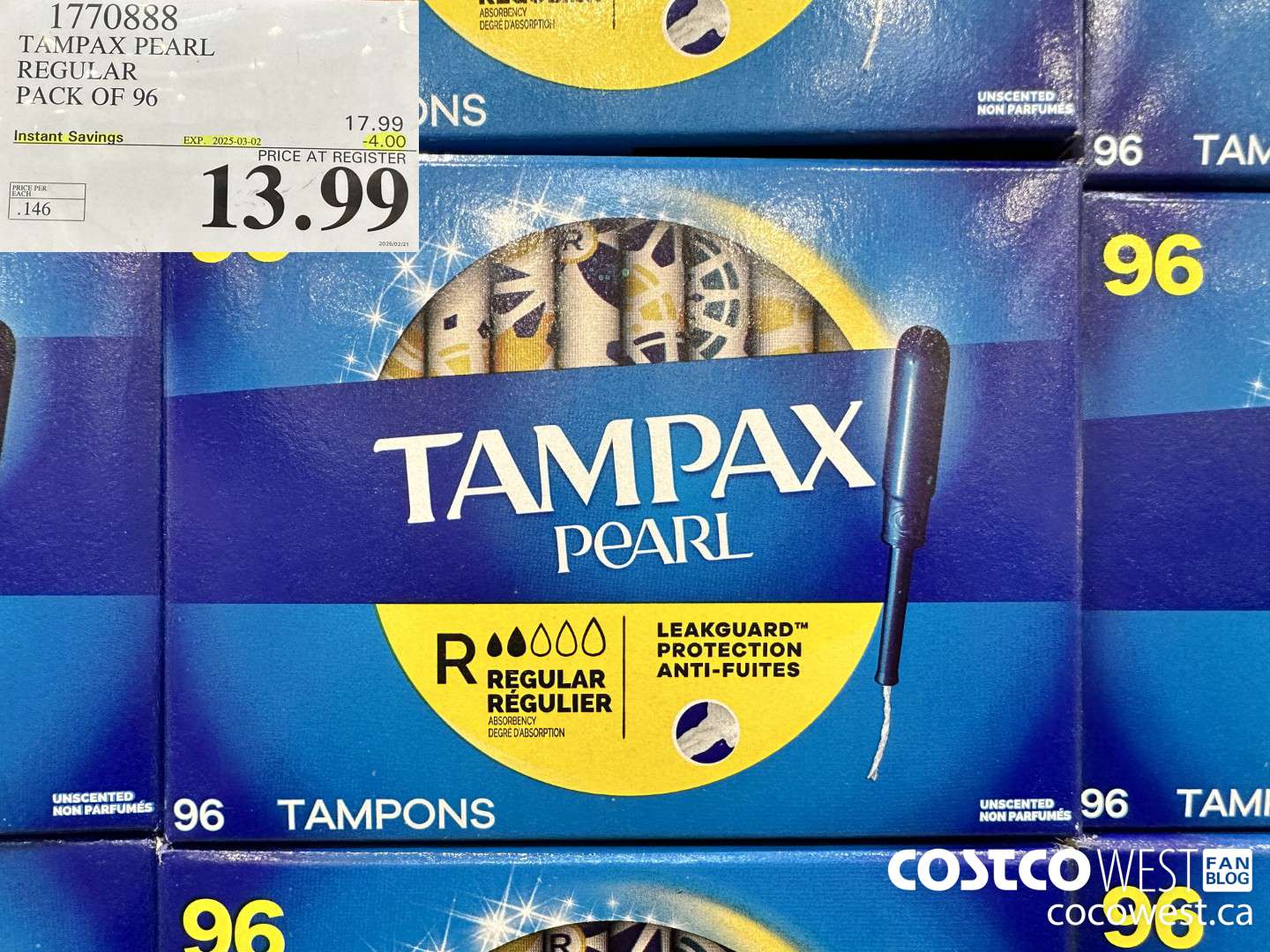 1770888 TAMPAX PEARL REGULAR PACK OF 96 ($4.00 INSTANT SAVINGS EXPIRES ON 2025-03-02) $13.99
